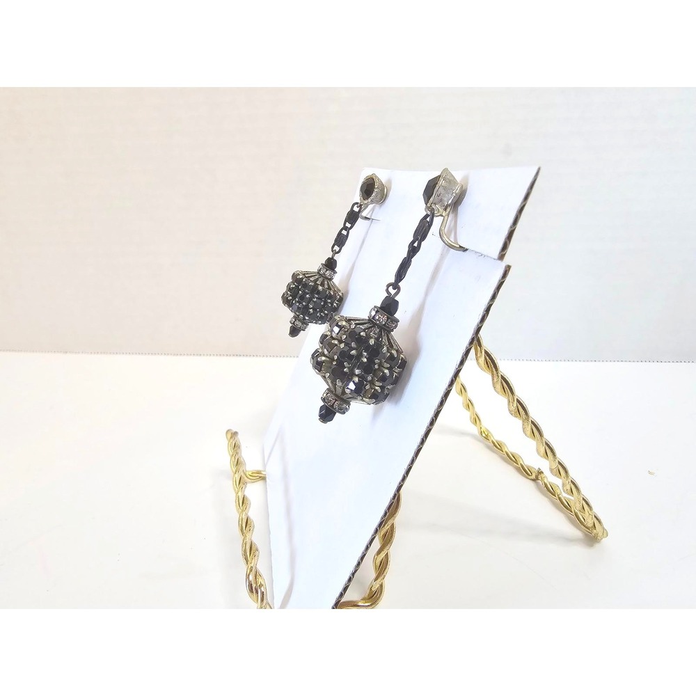 VTG Black Crystal/Rhinestone Lantern Dangling Clip On Earrings - DeMario? - Picture 2 of 4